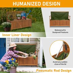 the instructions for how to build an outdoor bench with storage compartment and planter box