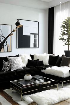 a black and white living room with fur rugs on the floor, coffee table