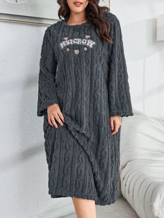 Double-Sided Fleece Dark Color Letter Embroidered Warm Long Sleeve Plus Size Women Cozy Pajama Dress Dark Grey Casual-Woman  Long Sleeve Flannelette Letter Nightgowns Slight Stretch All,Fall/Winter Women Plus Sleep and Lounge, size features are:Bust: ,Length: ,Sleeve Length: Cozy Crew Neck Winter Sleepwear, Cozy Winter Crew Neck Sleepwear, Gray Long Sleeve Sleepwear For Loungewear, Long Sleeve Winter Sleepwear For Home, Winter Long Sleeve Sleepwear For Home, Gray Long Sleeve Sleepwear, Oversized Long Sleeve Cozy Sleepwear, Oversized Cozy Long Sleeve Sleepwear, Gray Long Sleeve Sleepwear For Sleepover