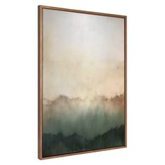 a painting hanging on a wall with a brown frame and green, beige and white colors