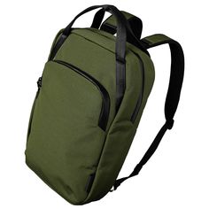 a green backpack with black straps on it