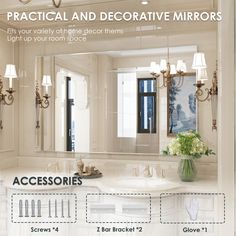 an advertisement for a bathroom with mirrors and lights