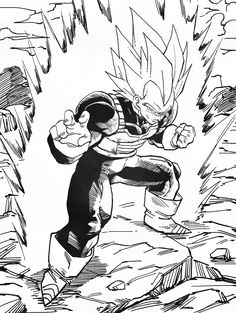 a black and white drawing of gohan from the dragon ball game, with his arms outstretched