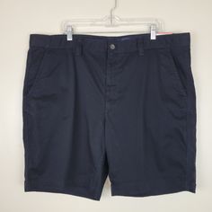 Black Flat Front Comfort Stretch 9" Shorts. Has 2 Pockets On Front And Back. Waist 42" Length 21" Inseam 9" Navy Cotton Bermuda Bottoms, Classic Navy Bottoms, Short Length, Black Chinos Men, Black Chino Shorts, Tan Chinos, White Chinos, Black Chinos, Vintage Indigo, Mens Chinos