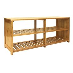 a wooden shelf with two shelves on each side