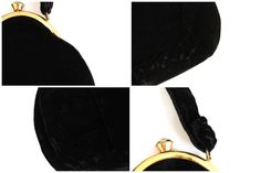 "Pretty vintage black velvet purse has a gold frame and a large clear rhinestone closure with a wide velvet strap. The inside is lined with black satin fabric and has two slip pockets. There are some very minor signs of wear that are consistent with age and/or use (please see photos) and there is a slight powdery scent to the purse (it isn't overpowering, just something that needs to be mentioned). The purse is in overall excellent vintage condition though and is perfect for all your essentials Black Velvet Evening Bag For Formal Occasions, Elegant Black Velvet Evening Bag, Gold Velvet Evening Bag, Black Satin Fabric, Gold Purse, Black Evening Bag, Velvet Purse, Black Purse, Purse Black