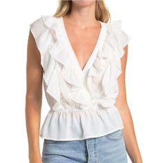 Wayf Ruffle Neck Peplum Top Color: White/Ivory Size: Medium Nwt Classic Peplum Top Updated With A Ruffle Neck And Sleeves For A Modern Look And Feel. Surplice V-Neck Ruffle Sleeves Pull-On Style Peplum Design 100% Polyester Bin8 Please Note! Item(S) Will Be Tested/Checked Again Prior To Shipment And Be Video Recorded For Insurance Of Both The Seller And Buyer. Disclaimer: Product Color And Quality As Seen On A Monitor May Vary Slightly Compared To Actual Items Due To Photography Lighting Conditi Peplum Design, Low Cut Blouses, Peplum Designs, Linen Crop Top, Floral Peplum Top, Balloon Sleeve Top, Long Sleeve Floral Top, Strappy Top, Floral Peplum