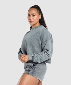 Gymshark Collegiate Shadow Washed Midi Sweatshirt - Asphalt Grey | Gymshark Sporty Acid Wash Soft-washed Tops, Oversized Sportswear Tops For Workout, Relaxed Fit Acid Wash Sweatshirt For Loungewear, Acid Wash Relaxed Fit Sweatshirt For Loungewear, Sporty Acid Wash Tops For Loungewear, Urban Cotton Sweats For Gym, Oversized Sweats For Workout, Casual Style, Casual Oversized Activewear For Sports, Sporty Acid Wash Soft-washed Sweatshirt