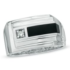 Elegant, sophisticated with modern flair, this men's ring is sure to suit his sophisticated taste. Fashioned in cool 10K white gold, this ring features a bold 10.0 x 3.0mm rectangular black onyx side-by-side with a single diamond accent. The cleverly layered and stepped shank creates depth, while a sharp angle down the entire band adds a unique touch the style. Polished to a brilliant shine, this ring is certain to make an impression. Layer Bars, Bar Ring, Elegant Sophisticated, Men's Ring, Onyx Stone, Size 10 Rings, Black Stone, Side By Side, Diamond Stone