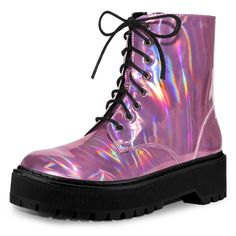 These colorful combat boots feature a round toe, lace-up decor, and a zipper closure. Designed to fashion and cool style to any look, this style goes great with both jeans and shorts. The lace-up design allows you to adjust the shoes to fit your feet well. These boots look amazing when matching your jeans, leggings, or shorts. These combat boots are ideal for casual walking and lounging around. Halloween Costume Boots, Glitter Combat Boots, Women's Lace Up Boots, Costume Boots, Pink Boots, Closed Toe Shoes, Faux Leather Heels, Wedge Ankle Boots, Platform Ankle Boots