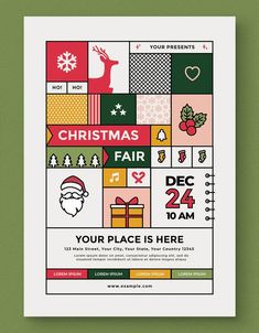 a christmas fair flyer is shown on a green background