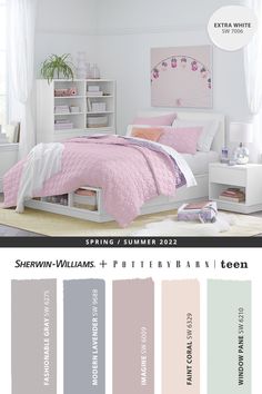 a bedroom with white furniture and pink bedding in the color scheme for spring summer 2012