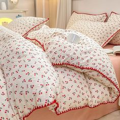 red thread stitched edge red cherries print bedding duvet cover set roomtery aesthetic bedroom decor Red Dorm, Cherry Bed, Cotton Comforter Set, King Size Bed Sheets, Flower Bedding, Full Bedding Sets, Cottagecore Coquette, Comfy Sets, Pastel Room