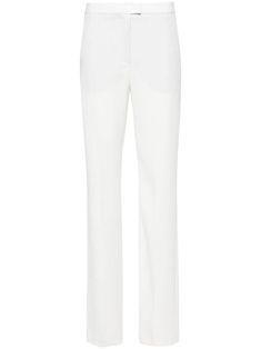 white crepe texture pressed crease high-waisted concealed front button, hook and zip fastening two side slash pockets rear welt pocket straight leg tailored cut Checked Trousers, Straight Leg Trousers, Tailored Pants, Cargo Trousers, Tailored Trousers, Wide Leg Trousers, Bottoms Pants, High Waisted Pants, Welt Pocket