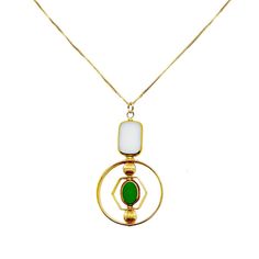 Art Glass & Gold Necklace - This necklace incorporates freshwater pearls and features vintage German glass beads framed in 24k gold and hand-pressed in the 20th century. The eye-catching geometric metal frames are 24K gold-plated over brass and have been coated for anti-tarnish. A 14k gold-filled chain and a spring ring clasp complete the piece. This necklace is composed of naturally-found items; no two are exactly alike. Gold Brass Modernist Jewelry, Modernist Gold Brass Jewelry, Handmade Modernist Gold Jewelry, Modernist Handmade Gold Jewelry, Modern Gold Glass Jewelry, Gold Glass Pendant Necklace, Modern Gold Glass Necklace, Elegant Glass Rectangular Pendant Jewelry, White Art Deco