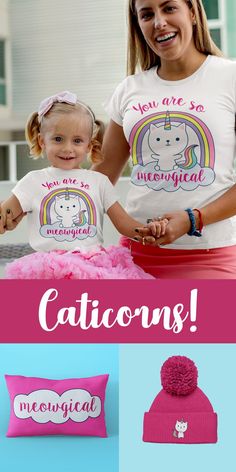 two girls wearing matching unicorn shirts with the words, you are so meowful