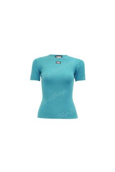 Fitted Blue Ribbed T-shirt, Trendy Blue Ribbed T-shirt, Blue Crew Neck Knit Top, Blue Fitted Ribbed T-shirt, Blue Ribbed Crew Neck Top, Trendy Blue Tops With Ribbed Neckline, Trendy Blue Top With Ribbed Neckline, Blue Fitted Top With Ribbed Neckline, Retro Fitted Blue Tops