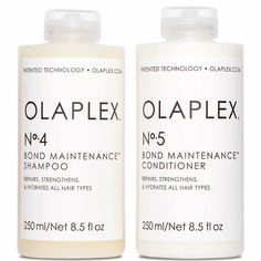 Olaplex No. 5 Bond Maintenance Conditioner 8. 5 oz The No. 5 Bond Maintenance Conditioner is a highly-moisturizing, reparative conditioner that protects and repairs damaged hair, split ends, and frizz by re-linking broken bonds. It is for all hair types and leaves hair easy to manage, shiny, and healthier with each use. It is color-safe, leaves hair stronger than ever, and benefits all hair types and textures. Olaplex No. 4 Bond Maintenance Shampoo 8. 5 oz This shampoo repairs and protects hair Olaplex Products, Olaplex Shampoo, Good Shampoo And Conditioner, Shampoo And Conditioner Set, Vitis Vinifera, Best Shampoos, Damaged Hair Repair, Hair Breakage, Hair Maintenance