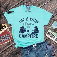 Camping Day Shirt Around Campfire Shirt Matching Camping | Etsy Funny Letter Print T-shirt For Outdoor, Pre-shrunk Cotton Camp Shirt For Outdoor Activities, Cotton T-shirt With Funny Print For Outdoor Activities, Blue Cotton T-shirt For Outdoor Activities, Cotton T-shirt With Letter Print For Camping, Outdoor Cotton T-shirt With Funny Print, Cotton T-shirt With Funny Print For Outdoor, Pre-shrunk Cotton Camp Shirt For Outdoor, Cotton Camp Shirt With Graphic Print For Outdoor Activities