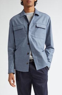 A classic overshirt gets an upgrade in a blend of Italian virgin wool and cashmere woven with a bit of stretch to ease movement in the polished workwear style.  Hidden-button placket Spread collar Long sleeves with button cuffs Chest flap-patch pockets 90% virgin wool, 8% cashmere, 2% elastane Dry clean Made in Italy Designer Clothing Fall Collared Shirt With Concealed Placket, Fall Button-up Shirt With Concealed Placket, Timeless Collared Shirt For Fall, Fall Season Concealed Placket Button-up Shirt, Modern Shirt With Welt Pockets For Work, Winter Workwear Button-up Shirt, Modern Workwear Shirt With Welt Pockets, Workwear Shirt With Casual Collar And Pockets, Casual Collar Workwear Shirt With Pockets