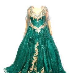 Sequins Green Emerald And Gold. Comes With A Scarf Never Been Used Festive Green Gala Dress, Festive Green Evening Dress For Gala, Green Evening Dress For Gala Festive, Green Formal Evening Dress For Festive Occasions, Festive Green Floor-length Evening Dress, Green Sequin Dress For Reception, Green Floor-length Evening Dress For Reception, Elegant Green Evening Dress For Festive Occasions, Embellished Green Dress For Reception