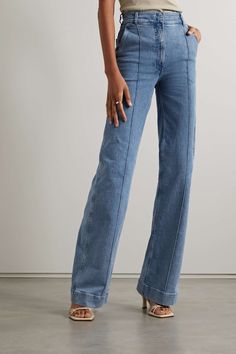 ANOTHER TOMORROW + NET SUSTAIN high-rise straight-leg organic jeans Shy Woman, Net Sustain, Straight Leg Jeans Outfits, High Wasted Jeans, Denim Shirt With Jeans, Jeans Outfit Summer, Shirt Tucked In, Relaxed Jeans, Recycled Denim