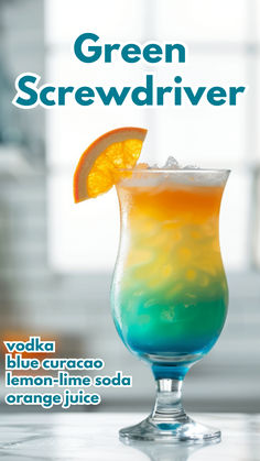 A vibrant Green Screwdriver cocktail served in a hurricane glass, featuring a beautiful gradient of blue, green, and orange hues. Garnished with an orange slice, this refreshing drink is made with vodka, blue curaçao, lemon-lime soda, and orange juice, perfect for summer parties, beach gatherings, and tropical-themed events.