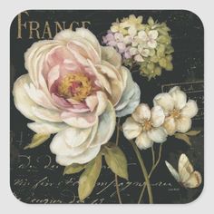 a painting of flowers on a black background with the words france written in gold lettering