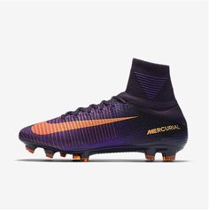 the nike mercurial soccer shoe is shown in purple and orange colors, with an upper