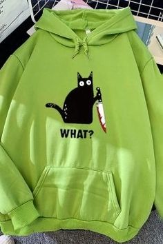 Novelty Womens Hoodie Cat Knife Letter What Printed Knitted Trim Drawstring Long Sleeve Relaxed Fitted Hoodie Kawaii Clothes Sweatshirts & Hoodies, Cute Hoodies For Men, Cute Hoodies For Women, Weird Hoodies, Hoodie Print Ideas, Types Of Hoodies, Indie Hoodie, Cool Hoodies Designs, Hoodie Graphic Design