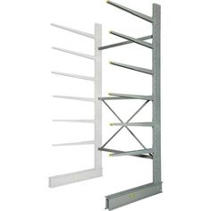 a metal shelving unit with four shelves on each side and one shelf attached to the wall