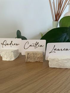 three place cards sitting on top of a wooden table next to a potted plant