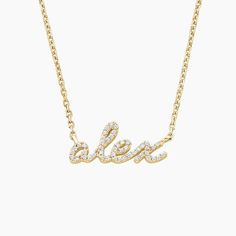 Script Diamond Name Necklace - 14K Yellow Gold. Personalize this necklace with your name, your favorite place, or a meaningful word written in lustrous letters. The length of the chain can be adjusted to 16, 17, or 18 inches to further personalize the design. 
 
 As each personalized necklace is a one-of-a-kind creation, all sales are final and cannot be returned or exchanged. Each unique, diamond-adorned word will vary in carat weight from 0.05 to 0.87. Diamond Name Necklace, Moissanite Necklace, Jewelry Lookbook, Engraved Items, Heartfelt Gifts, Dream Jewelry, Personalized Necklace, Everyday Jewelry, Name Necklace