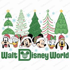 mickey mouse christmas tree and other disney characters with the words walt world in green letters