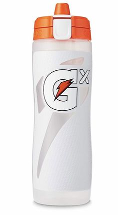 a white and orange water bottle with the letter g on it's side, in front of a white background