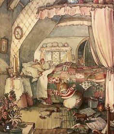 a painting of a bedroom with a bed and lots of stuff on the floor in it