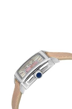 - Style #: 12302- Gender: Women's - Dial Color: Pink mother of pearl- Stone Type: Diamonds 0.014 ctw- Case Material: 316L stainless steel- Case Size: 28.5mm- Strap Material: Saffiano metallic leather- Strap Length: 7.5"- Closure: Tang- Crystal: Anti-reflective sapphire crystal- Movement: Quartz- Water Resistance: 3 ATM- Battery- Made in SwitzerlandPlease note: Diamond weight may not be exact. 2 year Bossi Holdings Inc. warranty Elegant Rectangular Diamond Watch With Bracelet Strap, Elegant Rectangular Jewelry With Diamond Hour Markers, Rectangular Polished Diamond Watch As Gift, Elegant Rectangular Diamond Watch With Diamond Hour Markers, Elegant Rectangular Diamond Watch With Metal Dial, Elegant White Gold Watch With Leather Strap, Rectangular Leather Watch For Anniversary, White Gold Watch Accessories With Rectangular Metal Dial, Rectangular White Gold Jewelry With Diamond Hour Markers