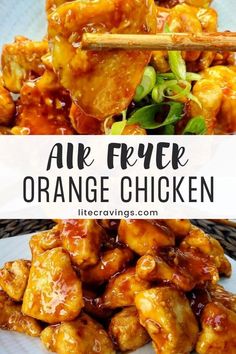 an air fryer orange chicken with chopsticks on the side and text overlay