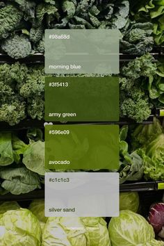 some green vegetables are on display in a grocery store, and the color chart shows what they mean