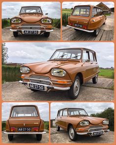 an old car is shown in four different pictures, including the front and side views