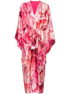 pink/multicolour silk satin finish wrap design reversible all-over feather print polka dot print long wide sleeves detachable belt two side patch pockets long length straight hem Pink Silk Pajamas, Printed Kimono Jacket, Pink Mini Dress, Mini Dresses For Women, Feather Print, Pink Mini, Pink Mini Dresses, Pink Silk, Polka Dot Print