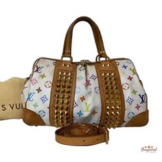 Authentic Louis Vuitton White Monogram Multicolore Canvas Courtney Mm Bag W/ Strap Product Details: Condition Is Pre-Owned Exterior Coated Canvas: Minor Dirt Or Marks Interior: Minor Dirt Or Marks Leather: Have Turned A Lovely Darker Honey Patina With Signs Of Wear Such As Dirt Or Marks Includes Dustbag & Detachable Strap 2 Flat Inner Pockets Bottom Studs Closure: Two-Way Zip Closure Hardware Color: Goldtone Handle Style: Double Flat Leather Handles And A Long, Removable Shoulder Strap Handle Drop: 5" Strap Drop: 22" Adjustable Lining Material: Red Alcantara Lining Date/Authenticity Code: Xxxxxx (Too Worn To Read) Made In France Dimensions: 1 Louis Vuitton White, Crochet Tote, Fabric Bag, Leather Handles, Authentic Louis Vuitton, Leather Handle, Red Gold, Louis Vuitton Bag, Bags Handbags