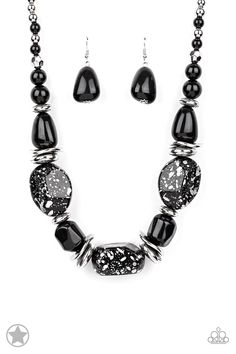 Chunky black beads with speckles of silver and a gorgeous glazed finish are threaded together with thick silver rings and smooth black beads. Features an adjustable clasp closure. Sold as one individual necklace. Includes one pair of matching earrings. Thick Silver Rings, Thick Silver Ring, Jewelry Displays, Nickel Free Jewelry, Paparazzi Accessories, Blue Gems, Black Necklace, Paparazzi Jewelry, Short Necklace