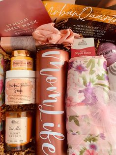 an open gift box filled with personal care products and items such as body scrubs