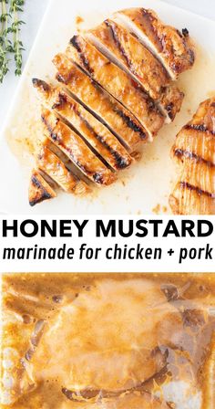 honey mustard marinade for chicken and pork on a cutting board with text overlay