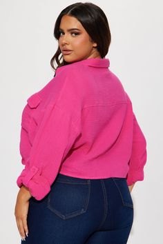 Available In White, Hot Pink, And Turquoise. Gauze Shirt Long Sleeve Collared Button Down Front Twist Front Detail 2 Chest Pockets Roll Up Sleeves Cropped 100% Cotton Imported | Deja Twist Front Cropped Gauze Shirt in Hot Pink size XS by Fashion Nova Hot Pink And Turquoise, Hot Pink Fashion, Gauze Shirt, White Hot, Roll Up Sleeves, Shirt Long Sleeve, Shirts Blouses, Twist Front, In Hot