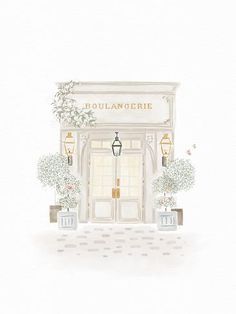 an illustration of a store front with flowers and lanterns