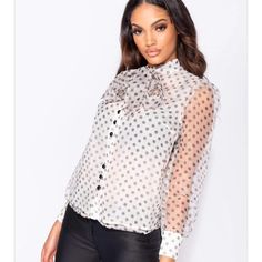 Bow Blouse Black White Is Like A Beige White Polka Dot Organza Sheer Back Regular Fit Approx Length Is 62cm Based On A Uk Size 10 Model Is 5ft 7" & Wears Uk Size 8/Eu Size 38/Us Size 4/Aus Size 8 100% Polyester Machine Washable ***All Sizes Listed On Poshmark Are Us Sizes*** Elegant Button-up Polka Dot Tops, Elegant Polka Dot Button-up Tops, Sheer Button-up Blouse For Party, Elegant Polka Dot Blouse For Party, Fall Party Blouse In Polka Dot, Elegant Polka Dot Party Blouse, Chic Polka Dot Blouse For Party, Chic Polka Dot Party Blouse, Feminine Long Sleeve Polka Dot Blouse