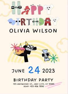 a birthday party flyer with cartoon characters on it