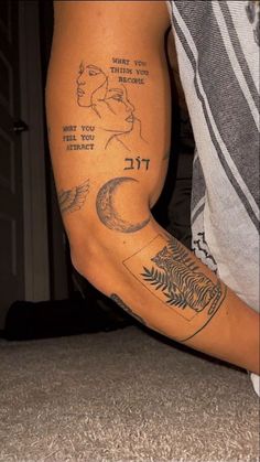 a man with tattoos on his arm and leg, next to the words cool tattoos for guys unique